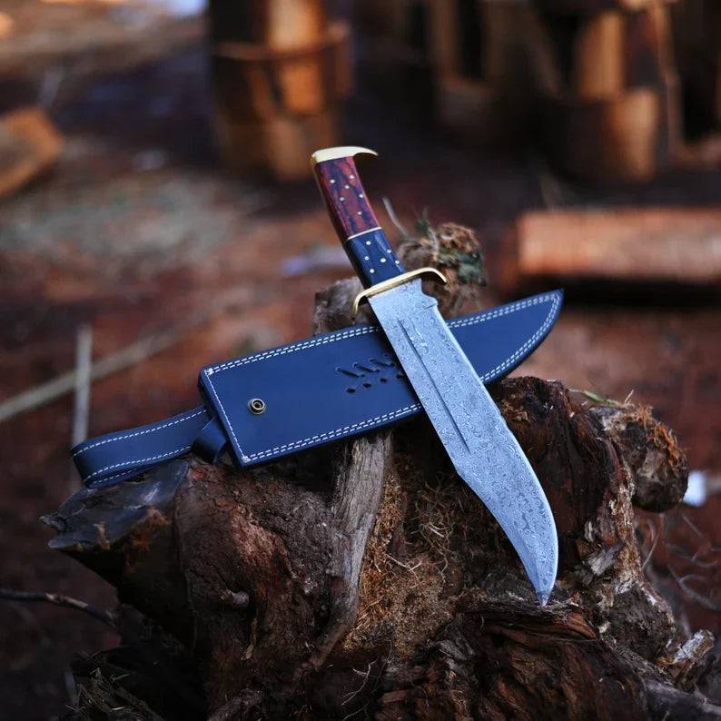 Premium handmade Damascus steel Rambo knife with brass wood handle and leather sheath, crafted by cskforged.