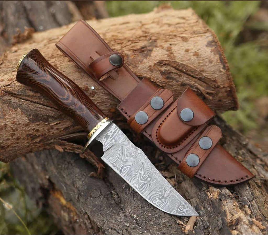 CSKforged deer hunting knife with a sleek blade and exotic wenge wood handle, ideal for outdoor hunting and field dressing.