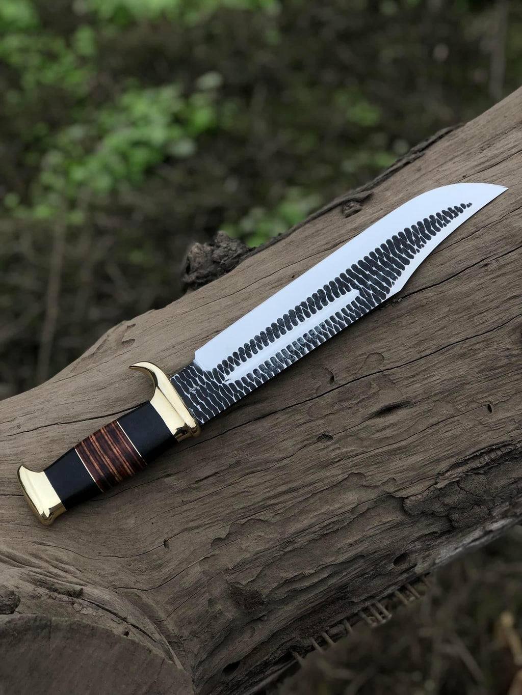 Hand-forged 16-inch J2 Steel Bowie Knife with brass guard and leather handle, crafted by Knives Gear Garage.