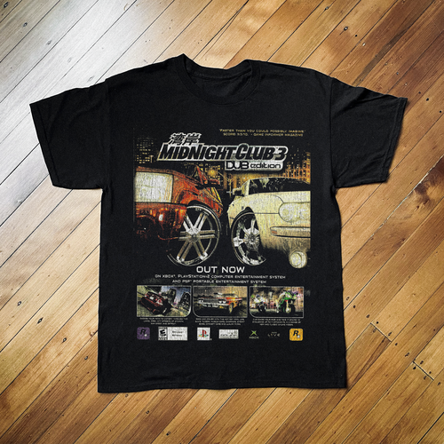 Black T-Shirt featuring Midnight Club 3 Dub Edition artwork by Parallel, with graphic print on front and crew neckline.