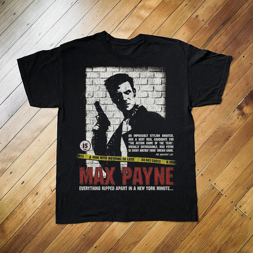 Black Max Payne T-Shirt by Parallel featuring a graphic design on the front, casual fit, and soft cotton fabric.