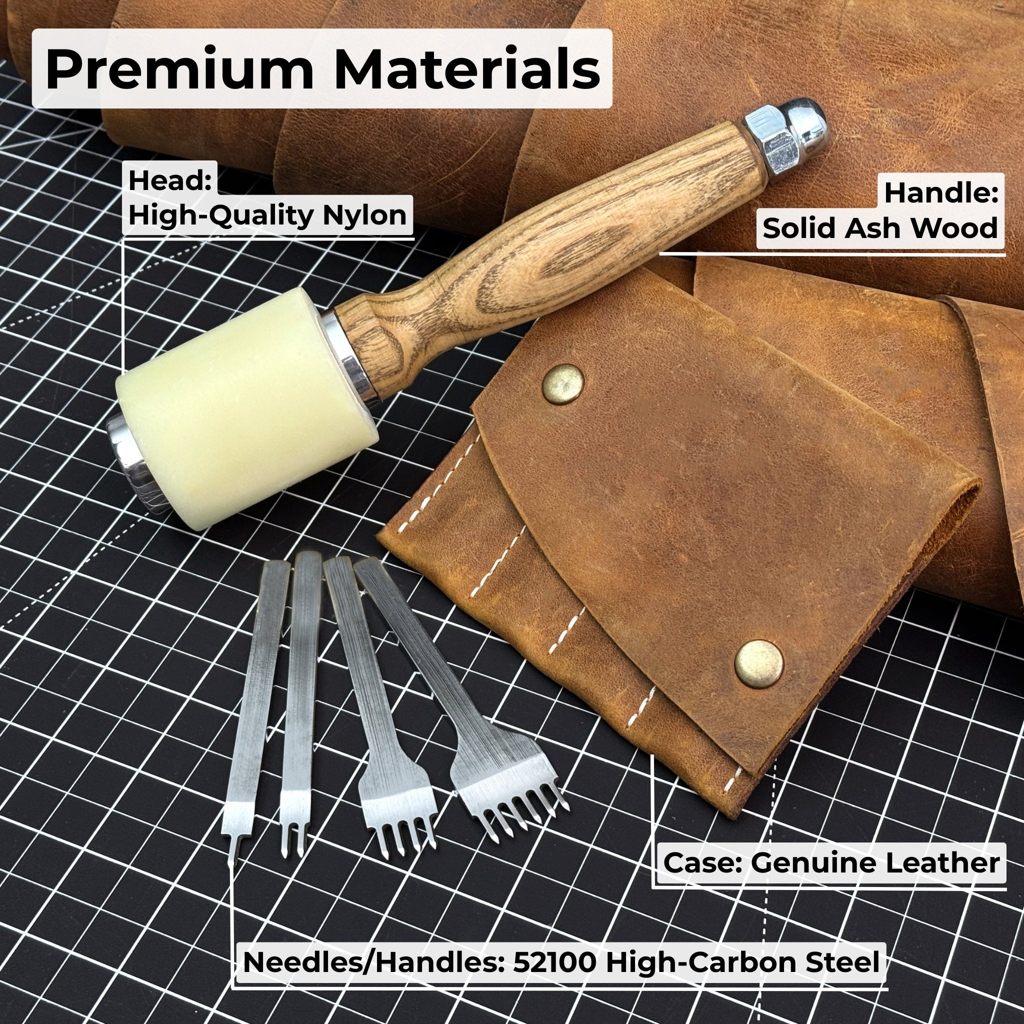4-Piece Diamond Style Leather Pricking Iron and Leather Nylon Hammer