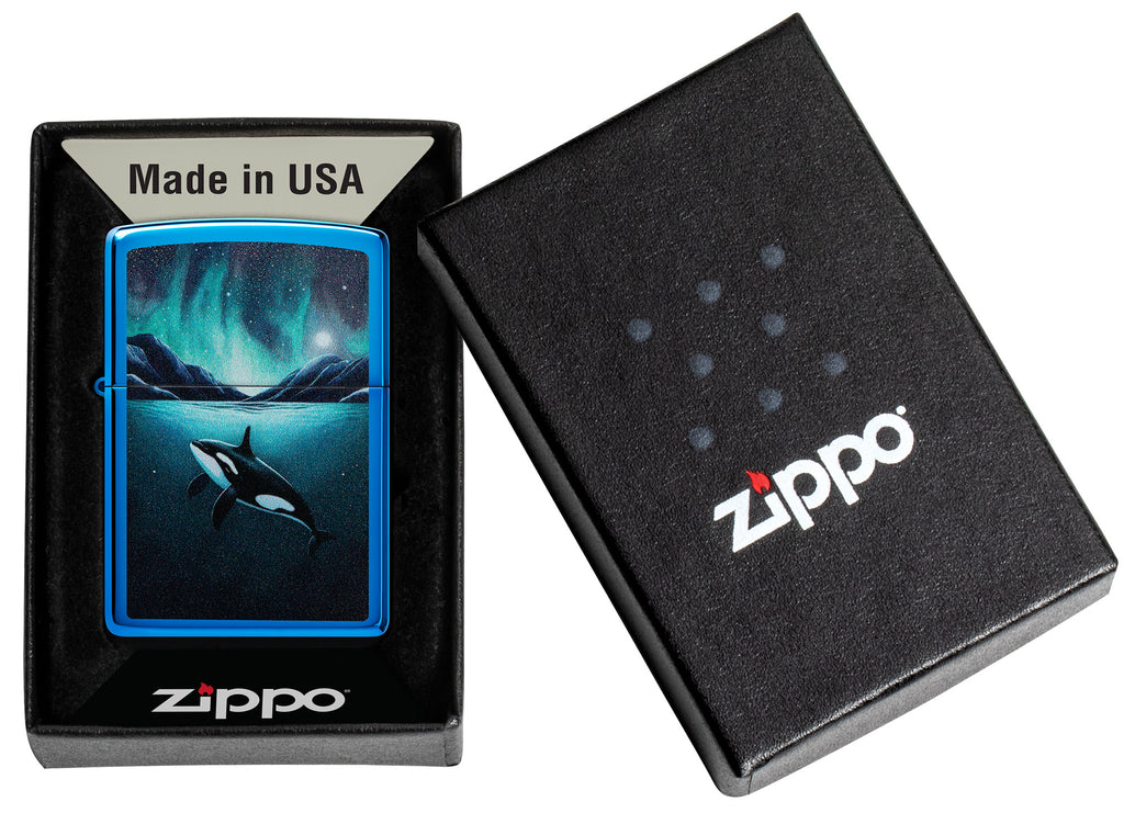 Zippo Orca Killer Whale, High Polish Blue Lighter #48984