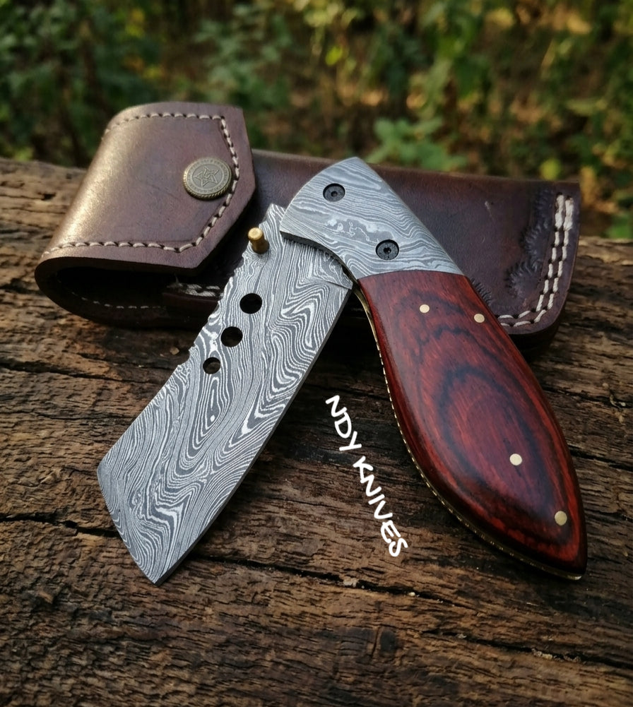 3.5" Damascus Steel Folding Cleaver Knife – Pakkawood Handle