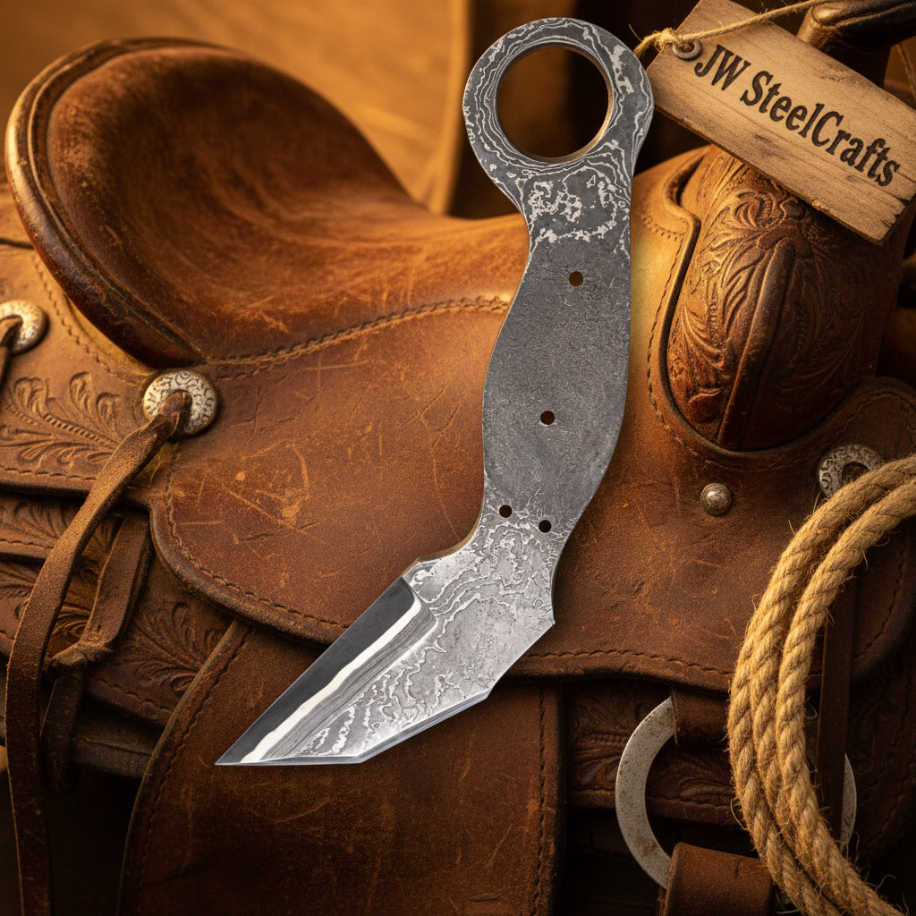 Rustler's Ring Karambit 8 inch Damascus steel integral handle outdoor fixed blade knife - Relic & Reel