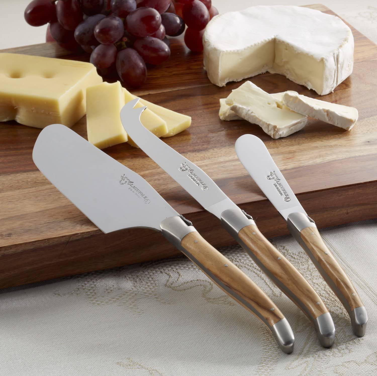 Laguiole en Aubrac Handcrafted 3-Piece Cheese Knife Set with Olivewood Handles