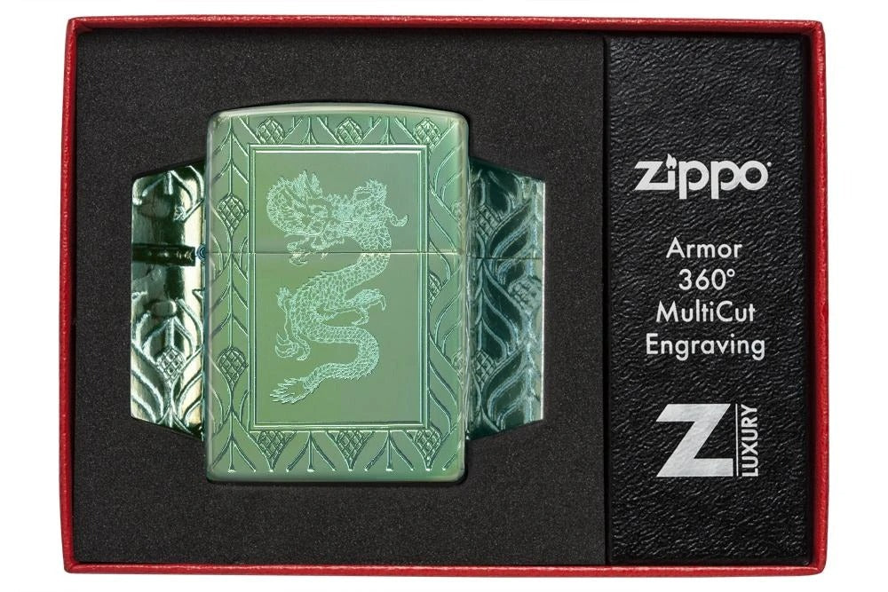 Zippo Armor Elegant Dragon Deep Carve, High Polish Green Lighter #49054
