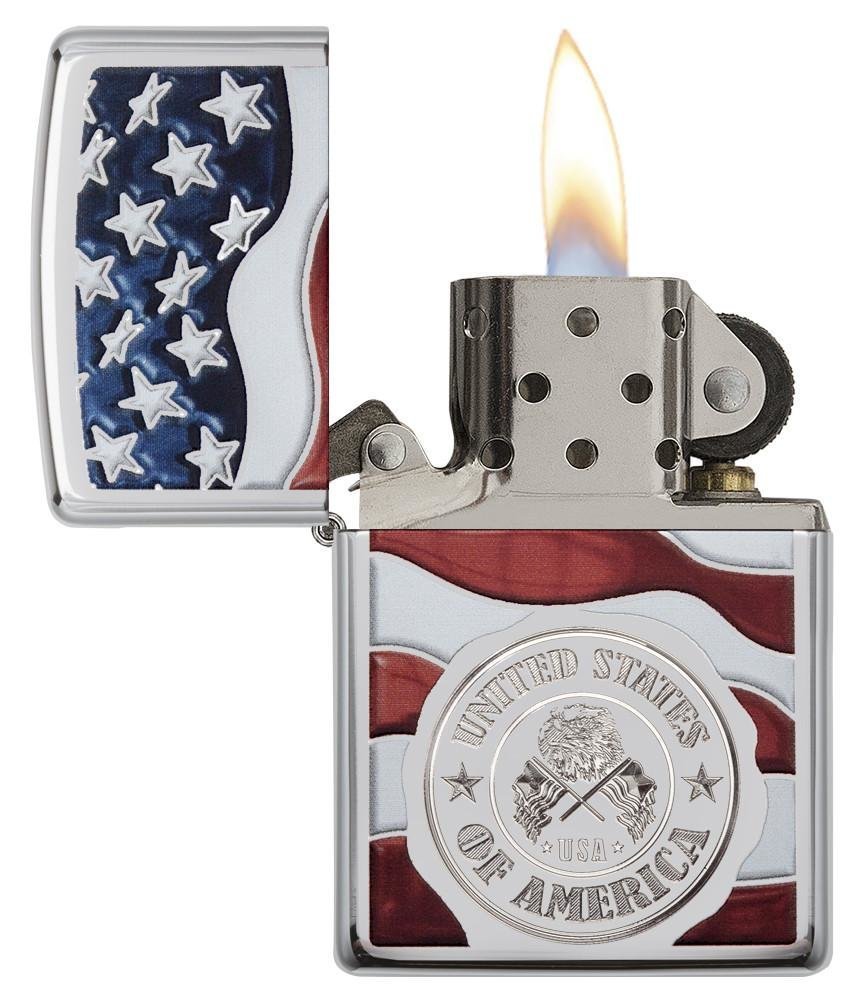 Zippo American Stamp on Flag, High Polish Chrome Lighter #29395