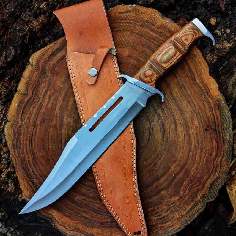 Cskforged Rambo survival knife with D2 steel blade, black handle, full tang design, ideal for outdoor and survival use