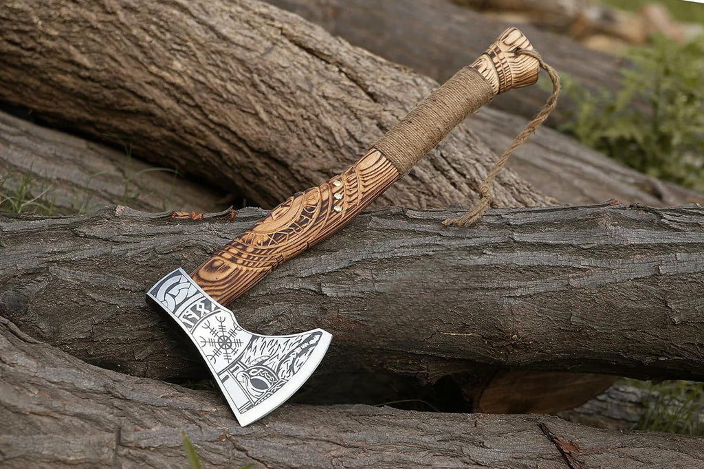 Handmade Viking axe hatchet by Knives Gear Garage, hand-forged wood splitting axe with a wooden handle and sharp blade.