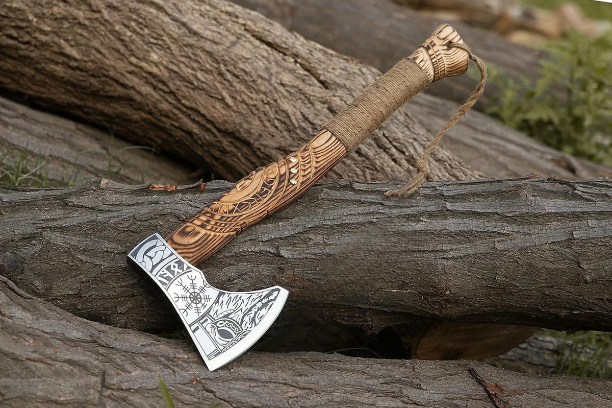 Handmade Viking axe hatchet by Knives Gear Garage, hand-forged wood splitting axe with a wooden handle and sharp blade.