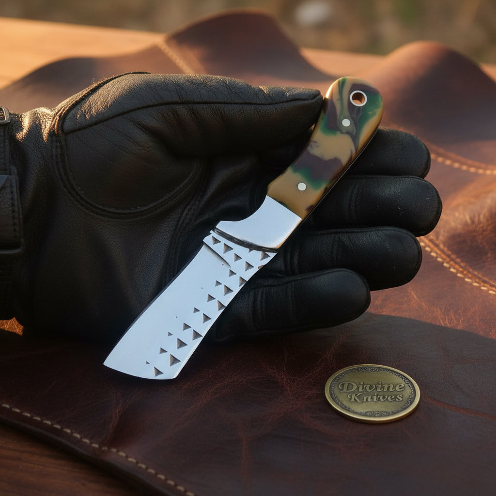 Camo Resin Rasp Bull Cutter Knife with Broad Fixed Blade