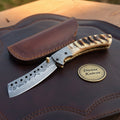 Ram Horn Cleaver Folding Knife with Twist Pattern Blade & Leather Pouch