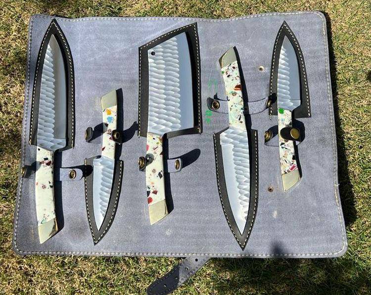 Set of five hand-forged J2 steel fixed blade kitchen knives by cskforged, featuring large, durable blades for versatile cooking tasks.