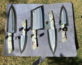 Set of five hand-forged J2 steel fixed blade kitchen knives by cskforged, featuring large, durable blades for versatile cooking tasks.