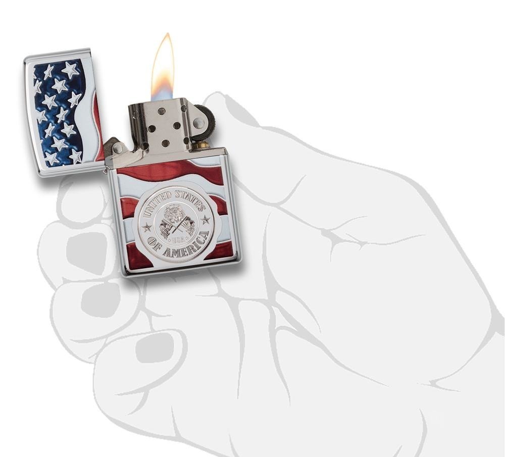 Zippo American Stamp on Flag, High Polish Chrome Lighter #29395
