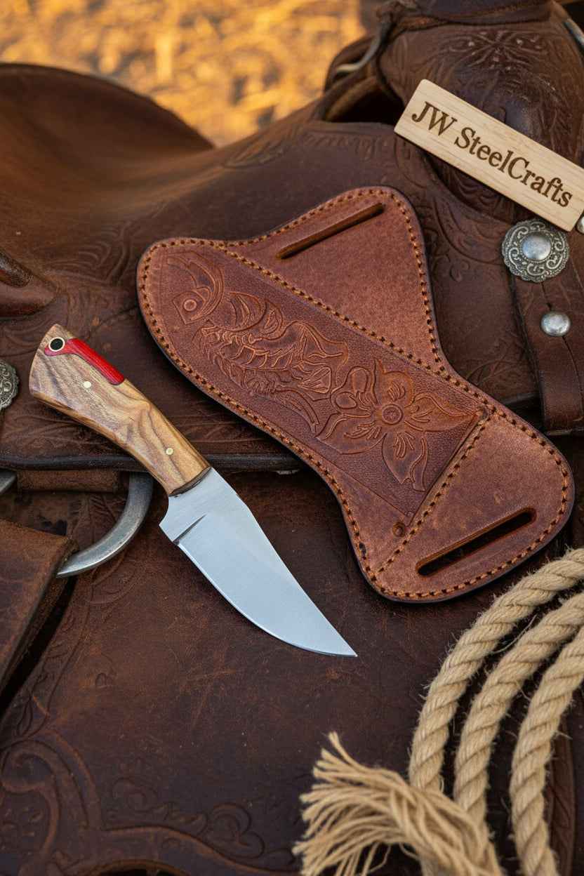 Handmade JW SteelCrafts Rancher's Dualwood cowboy knife with 7-inch blade, featuring a Pakka and olive wood handle.