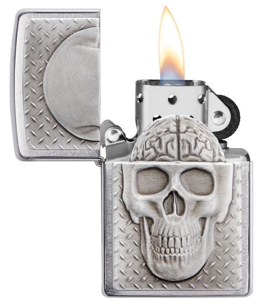 Zippo Skull With Brain Surprise, Brushed Chrome Lighter #29818
