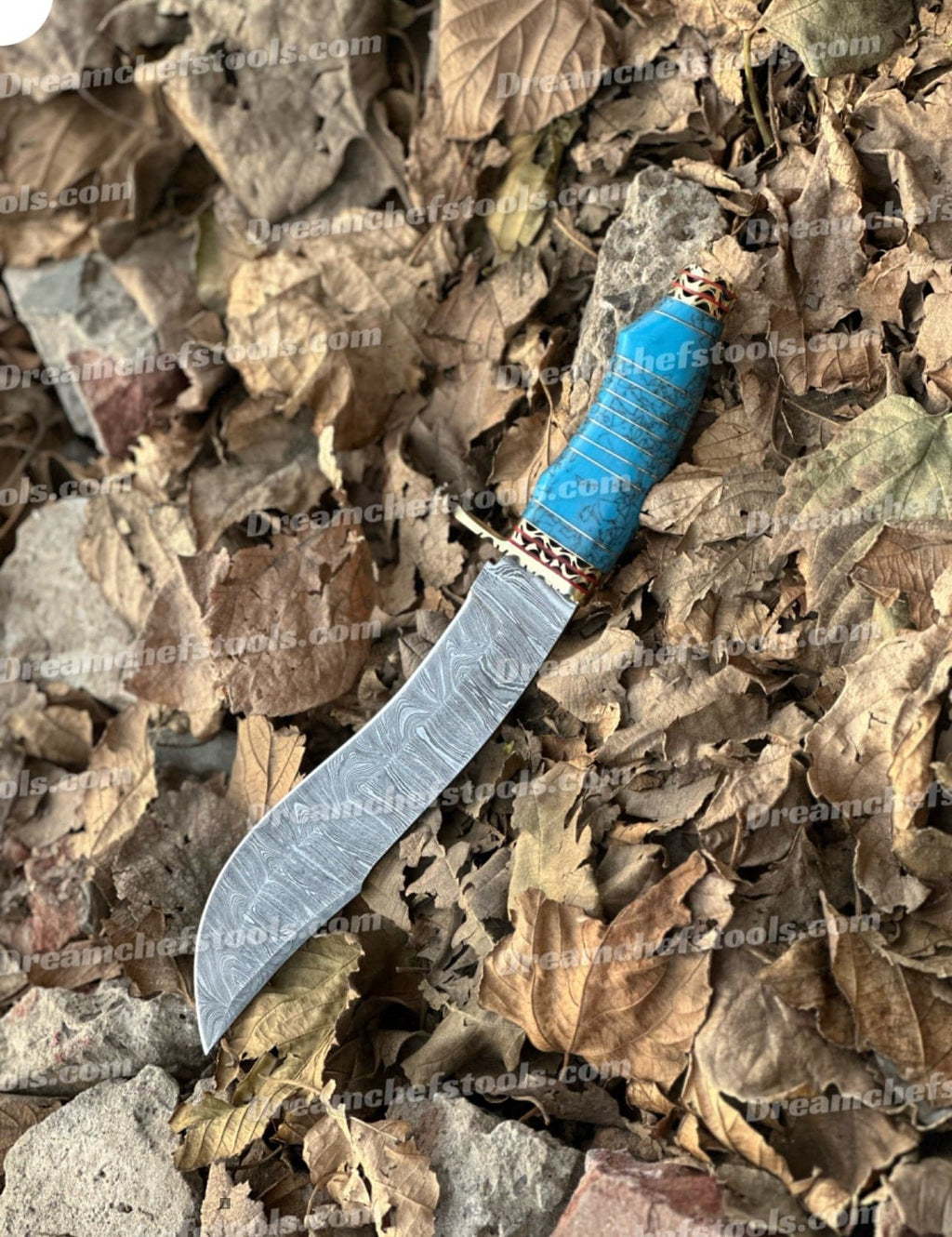 Hunting Bowie knife by Knives Gear Garage with a sharp stainless steel blade and leather handle for outdoor use.
