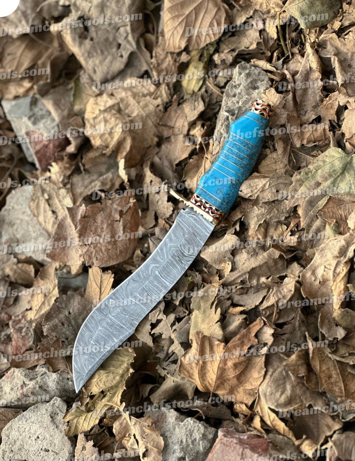 Hunting Bowie knife by Knives Gear Garage with a sharp stainless steel blade and leather handle for outdoor use.