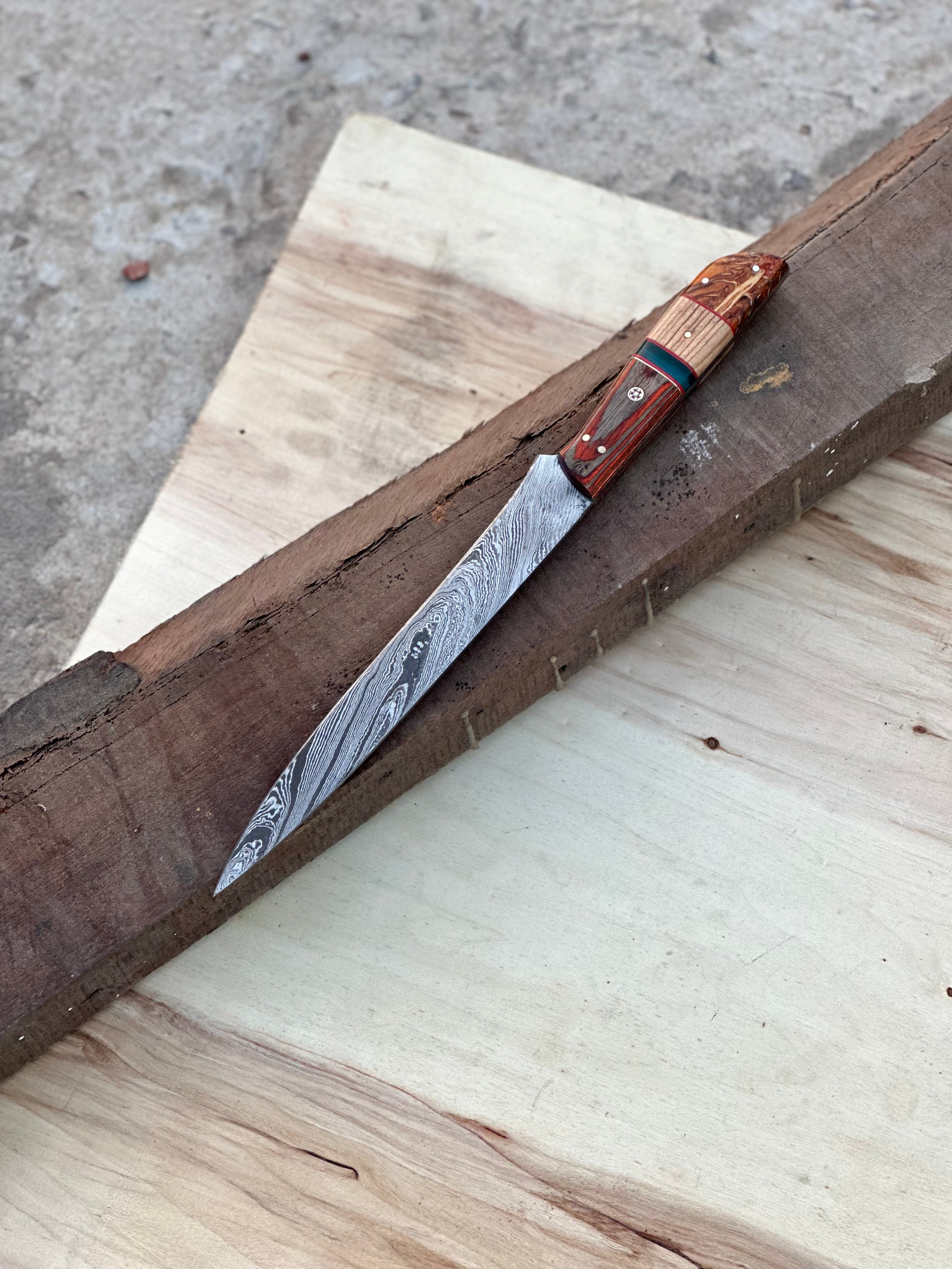 Handmade Damascus Steel Large Fillet Knife Hunting Fishing, Full Tang 13.5 inch