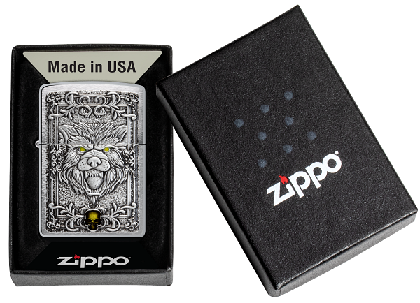 Zippo Wolf Emblem, Brushed Chrome Lighter #48690