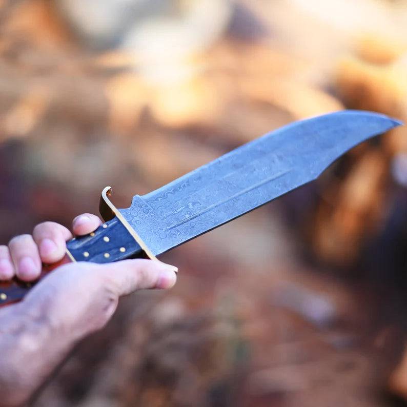Premium handmade Damascus steel Rambo knife with brass wood handle and leather sheath by cskforged.