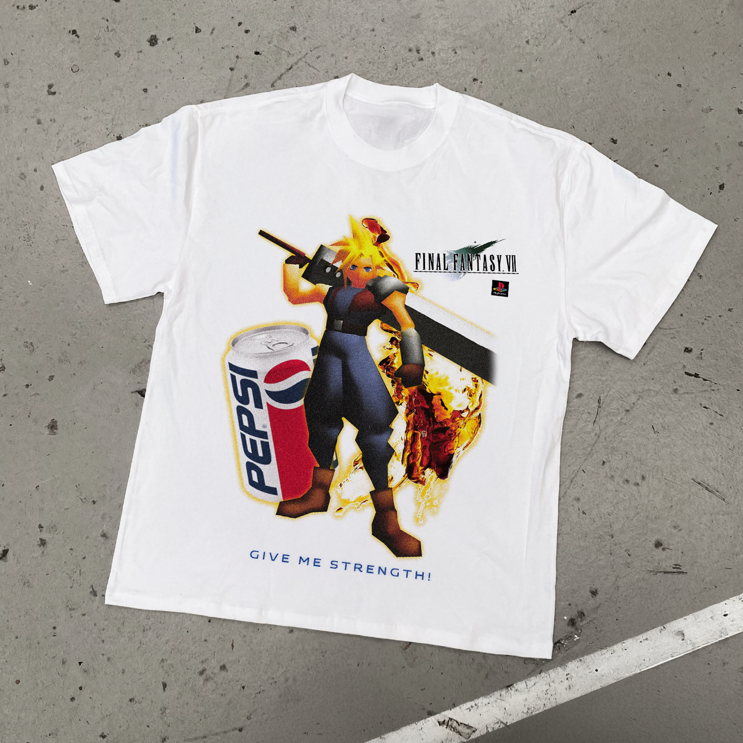 90S Nostalgia 'Final Fantasy Vii X Pepsi Cola' Heavy Faded White Tee