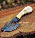 7" Hand-Forged Damascus Steel Guthook Skinner Knife – Full-Tang Fixed Blade with Finger-Hole Grip & Authentic Camel Bone Handle