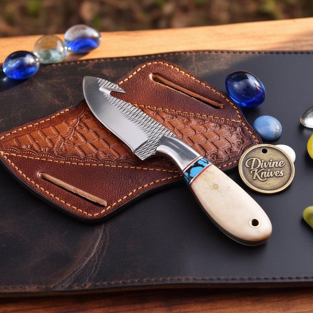 Turquoise & Bone Rasp Gut Hook Knife with Rasp Steel Blade