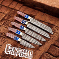 Knives Gear Garage kitchen knife set with Damascus steel blades, Texas flag handle, and leather roll for storage and travel.