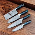 Premium Damascus kitchen knife set with epoxy resin handles, steel bolsters, and leather roll kit by Knives Gear Garage.