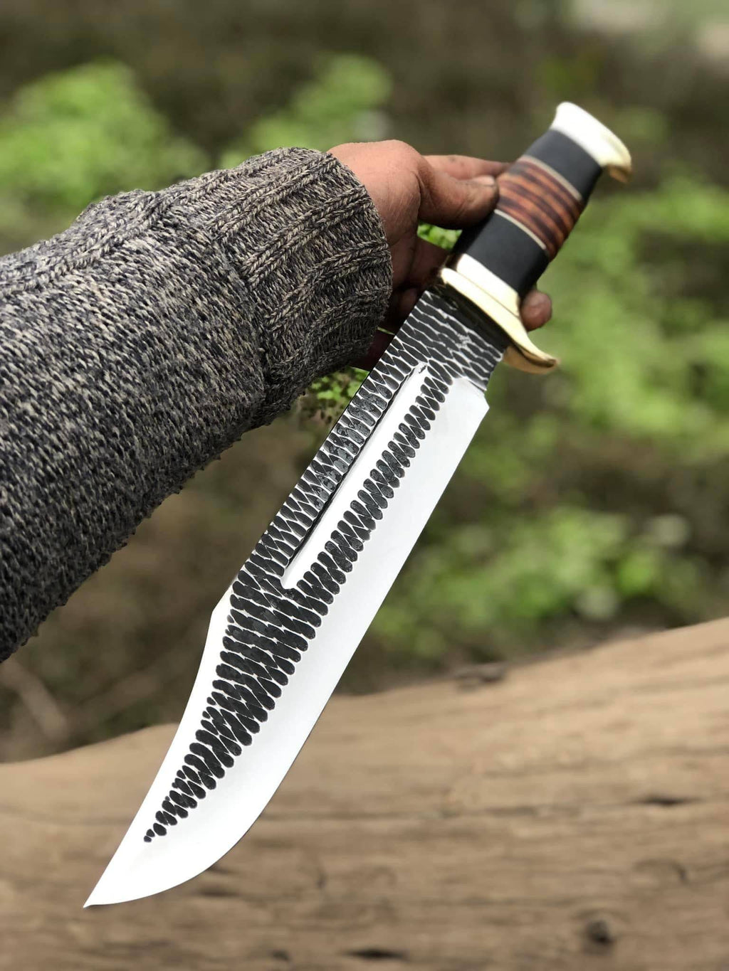 Hand-forged J2 steel Bowie knife with brass guard and leather handle, 16-inch custom handmade knife by Knives Gear Garage.