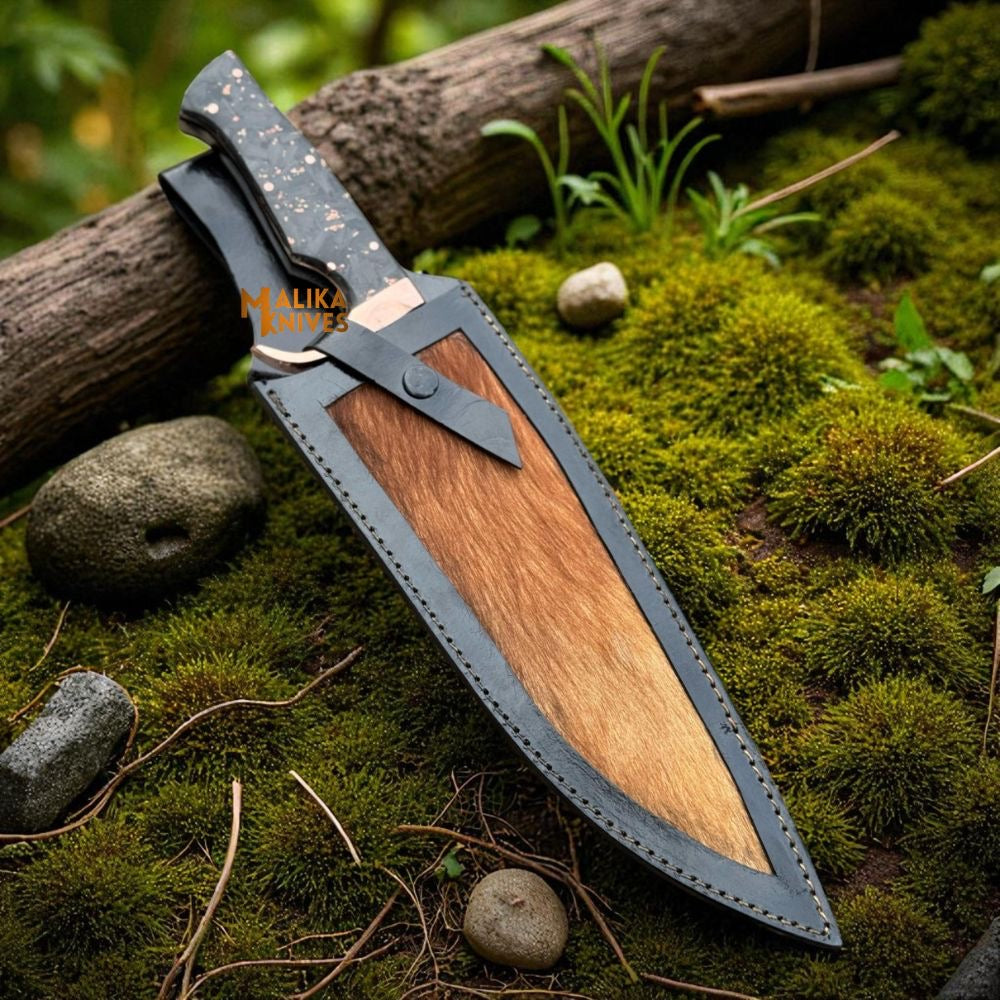 Copper Damascus Bowie knife with carbon fiber handle by MALIKA KNIVES, featuring a sharp blade and detailed Damascus pattern.