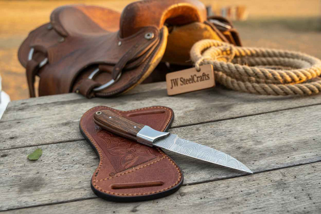 Darkwood wide skinner knife with handmade Damascus blade and dark wood handle by JW SteelCrafts, showcasing craftsmanship and quality.