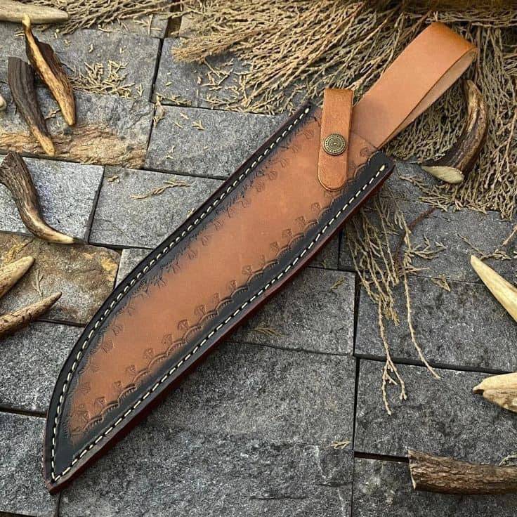 Handmade J2 Steel Bowie Knife with rosewood, bone, and brass guard handle, 16-inch overall length, crafted by Knives Gear Garage.
