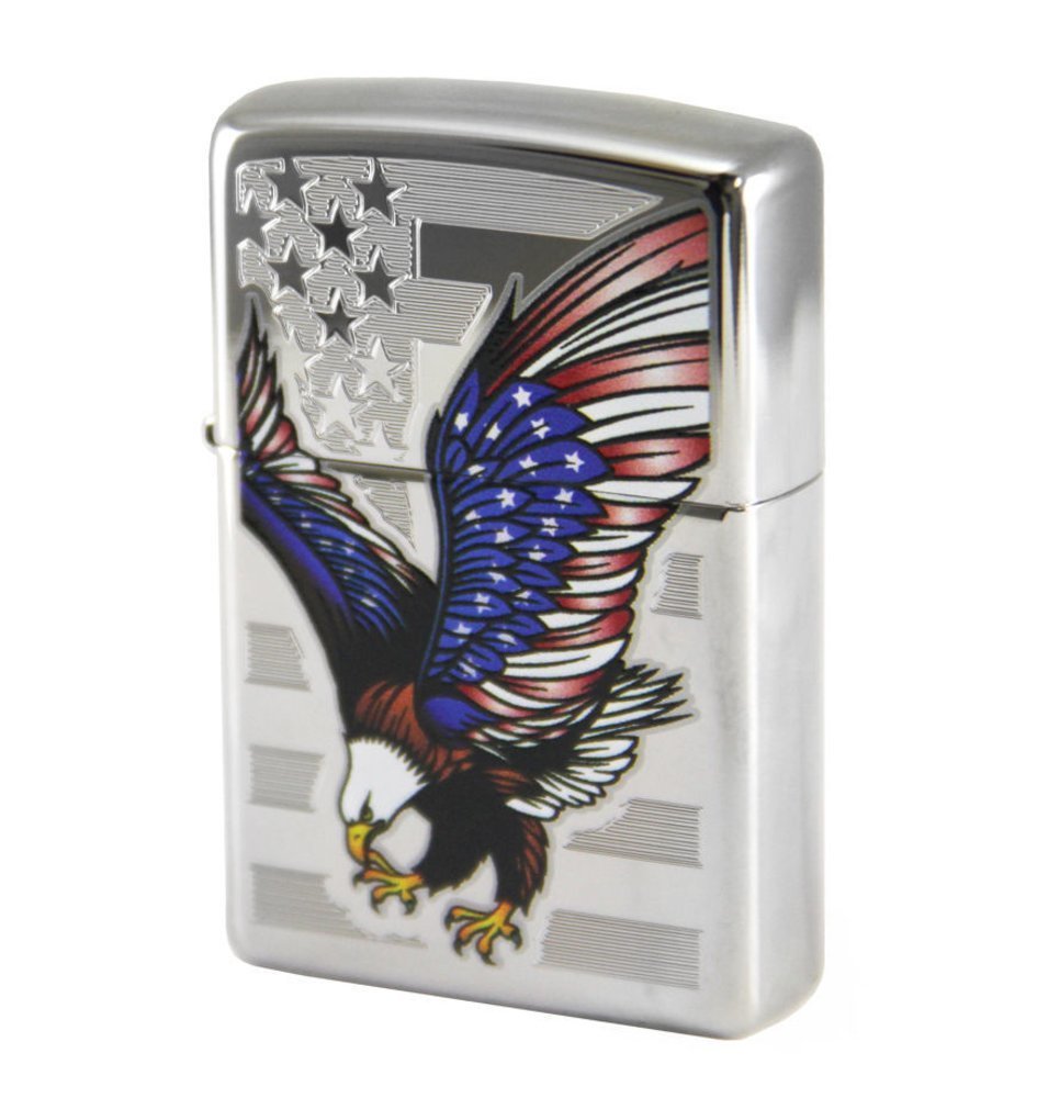 Zippo American Flag Eagle, High Polish Chrome Lighter #28449