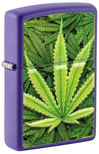 Zippo Textured Weed Leaf Purple Matte & Leather Pouch Gift Set #LPGS-LPLBK-49790