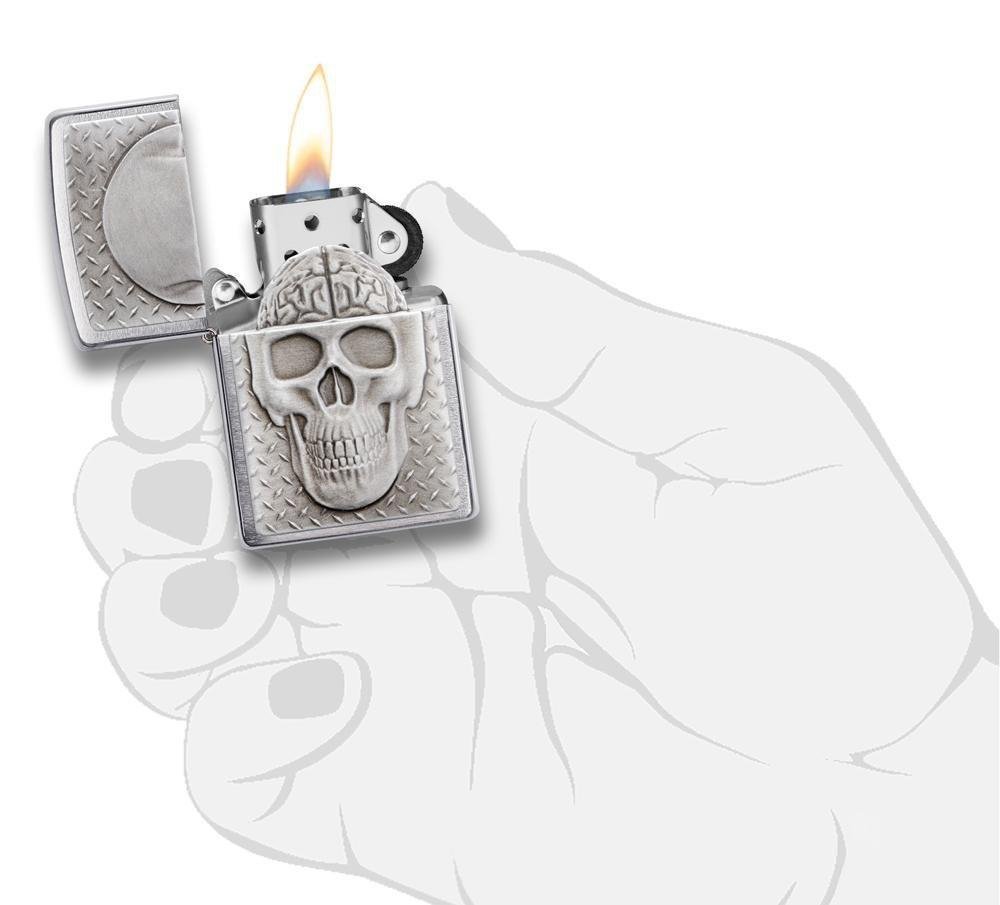 Zippo Skull With Brain Surprise, Brushed Chrome Lighter #29818
