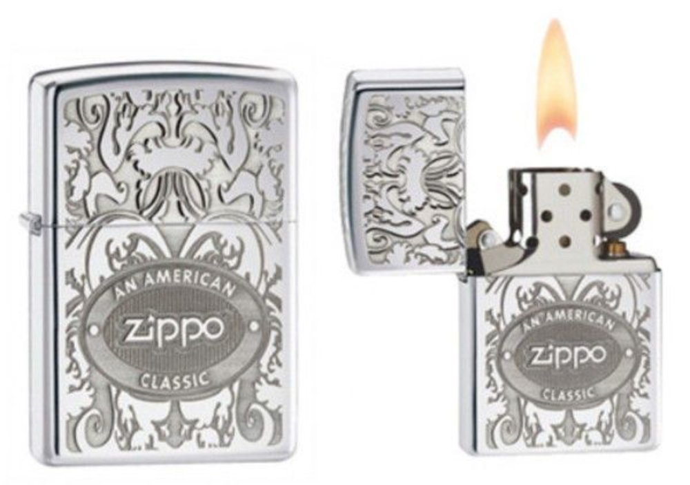Zippo Logo Crown Stamp Filigree, High Polish Chrome Lighter #24751