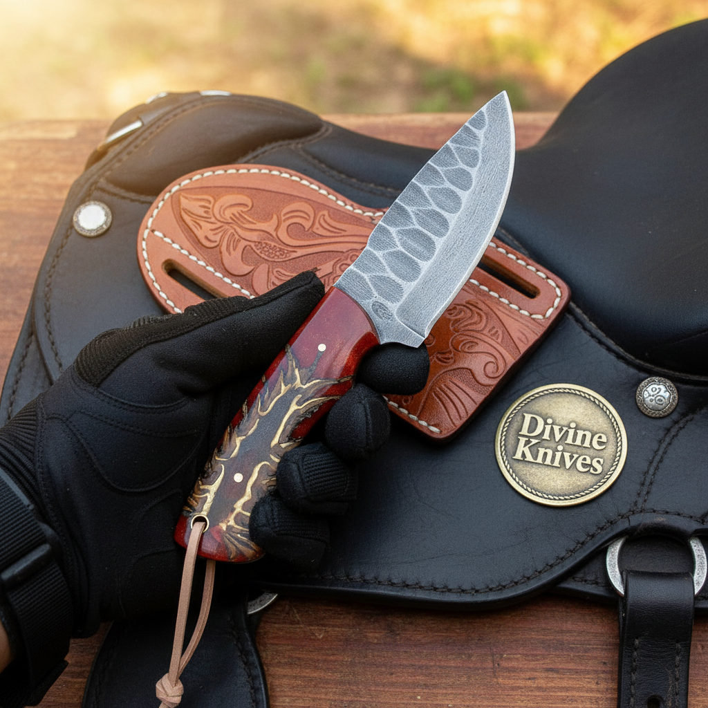 Brown Pinecone Damascus Skinner Knife With Leather Lanyard