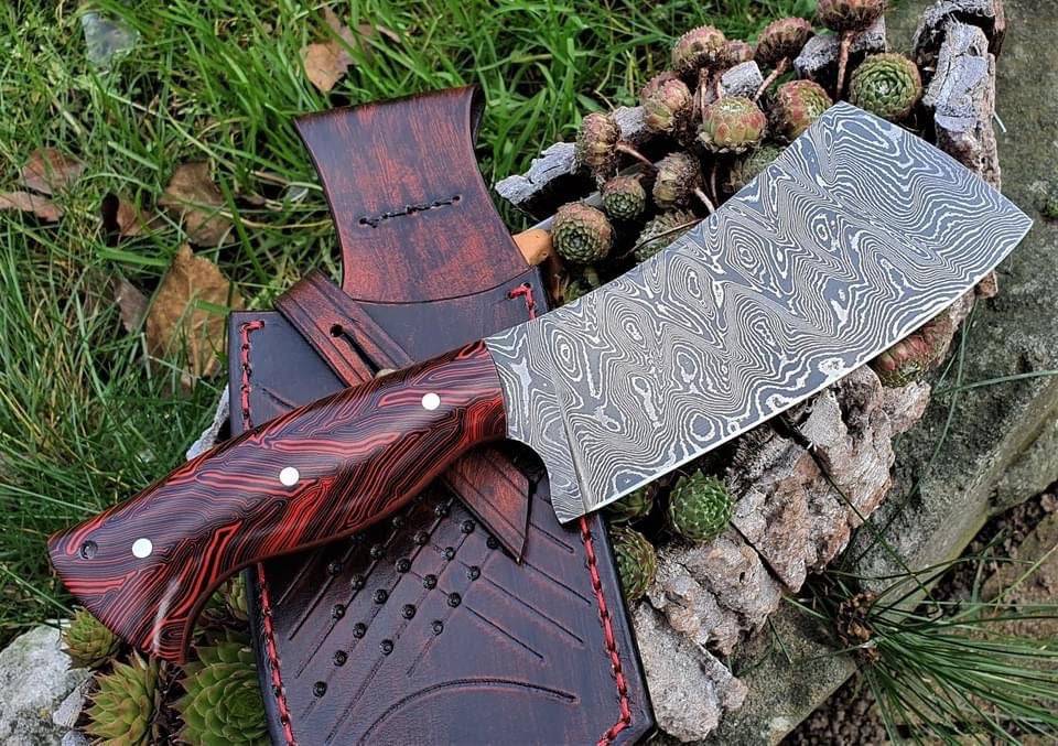 Handmade Damascus steel cleaver and boning knife with epoxy resin handles, leather sheath, 10-inch kitchen cutlery by Knives Gear Garage.