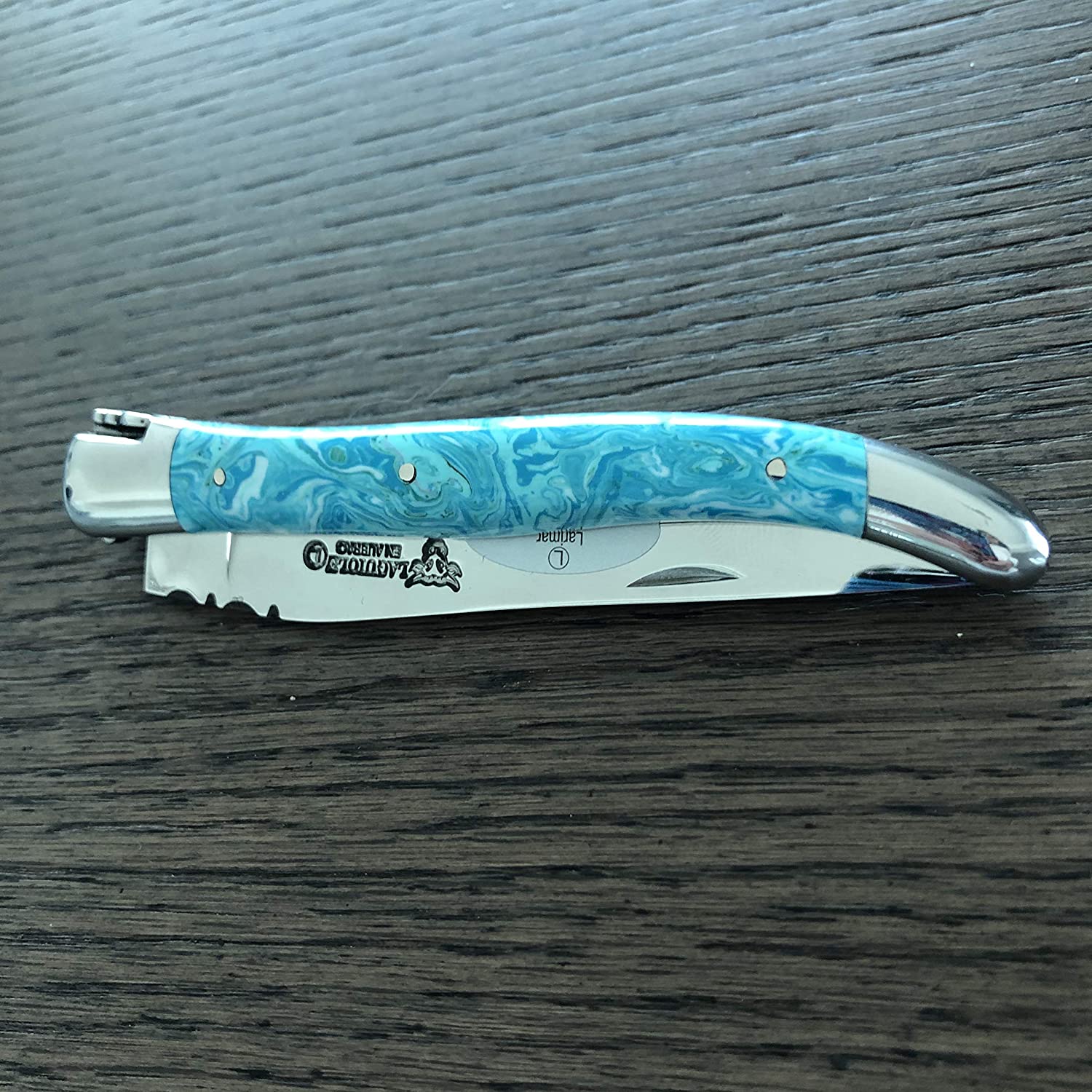 Laguiole en Aubrac Handcrafted Plates Multipurpose Knife with Shiny Bolsters, Larimar Handle, 4.75 inches