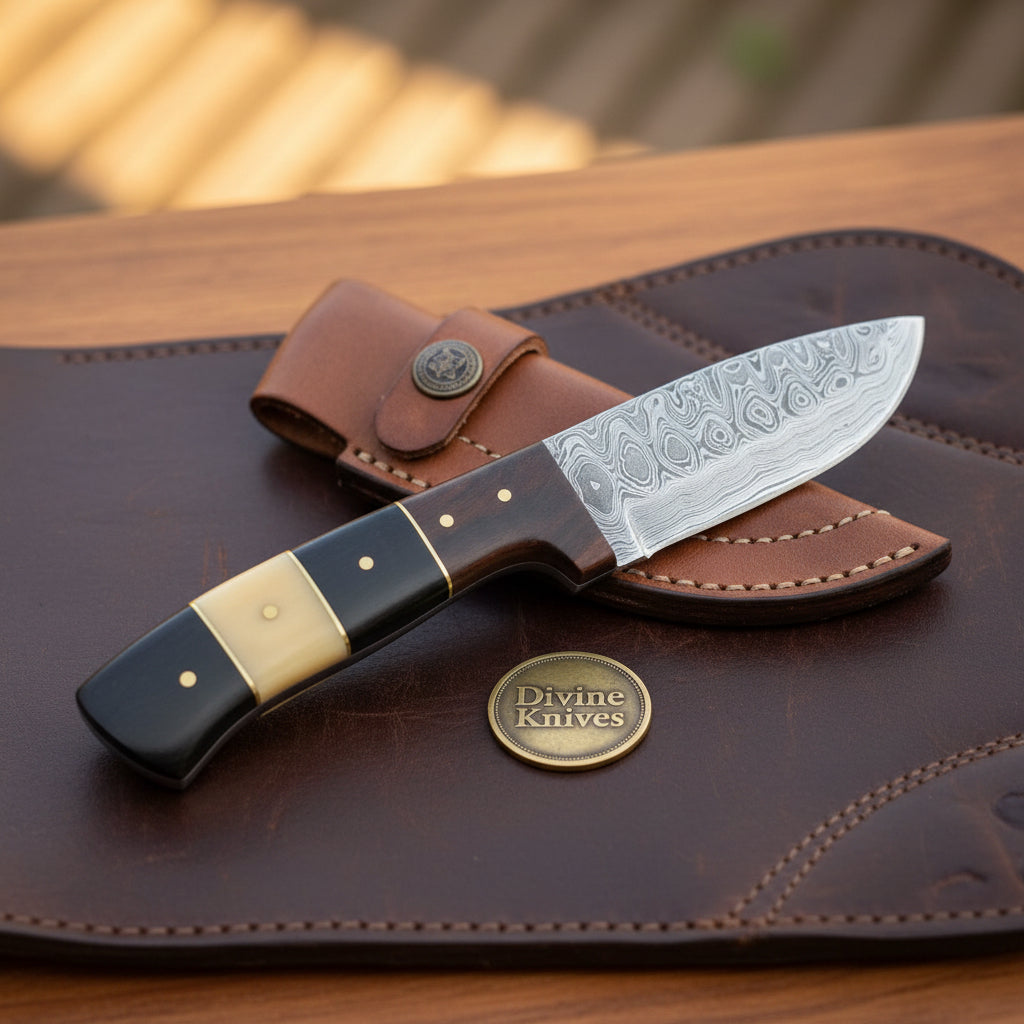 Damascus Bone Segmented Skinner with Buffalo Horn Handle