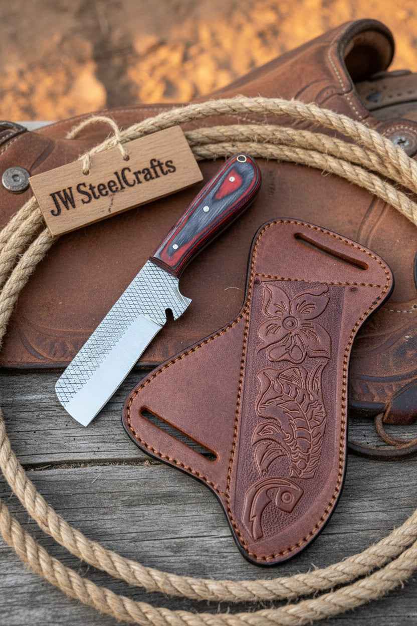 Skyvein Bull Cutter Knife set by JW Steelcrafts featuring 7-inch handmade carbon steel knives with resin handles.