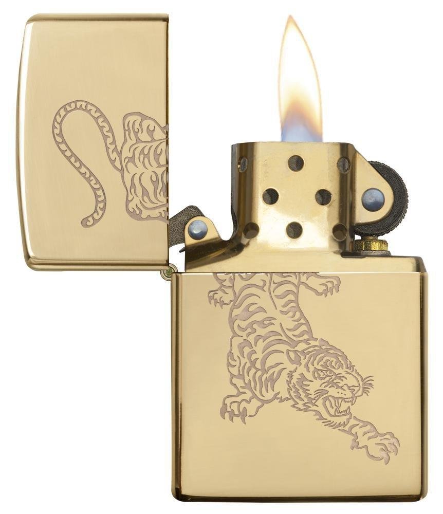 Zippo Tiger Engraved, High Polish Brass Lighter #29884