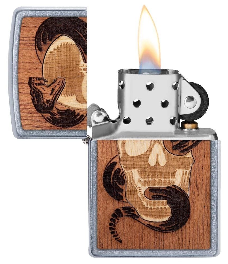 Zippo WOODCHUCK USA Skull & Snake 100% Real Wood, Street Chrome Lighter #49042