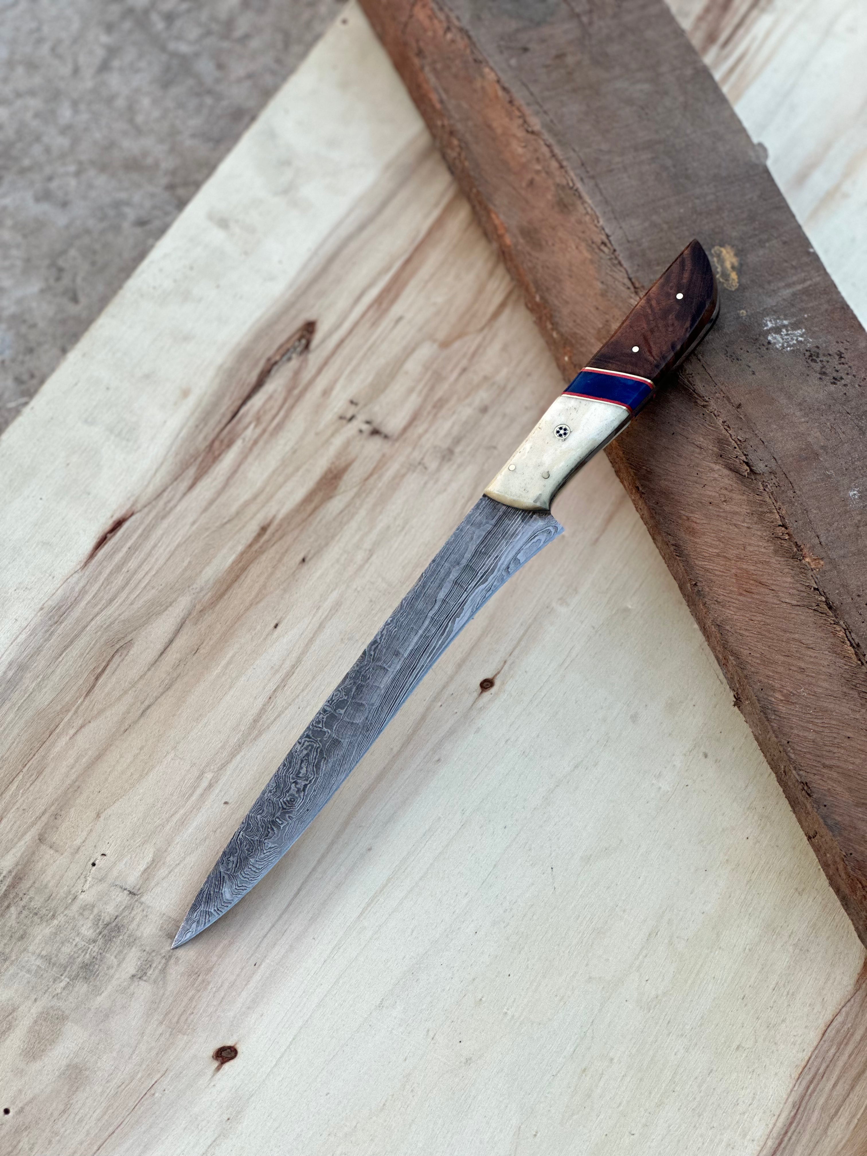 Handmade Damascus Steel Large Fillet Knife Hunting Fishing, Full Tang 13.5 inch