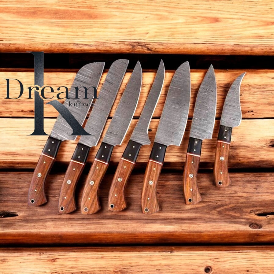 Best Budget Knife Set – 13" Damascus Kitchen Knives with Rosewood & Resin Handles + Leather Roll Kit