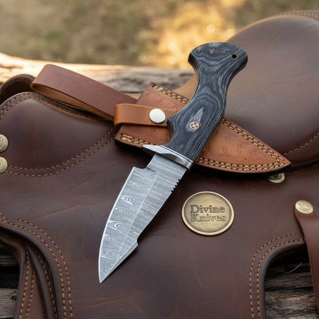 Grey Micarta Damascus Skinner Knife with Layered Blade